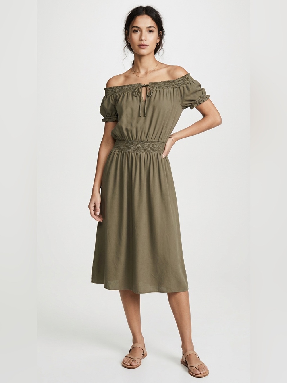 TALBOTS WOMEN SILK OLIVE GREEN SMOCKED NECKLINE AND WAIST SUMMER DRESS SIZE 1X